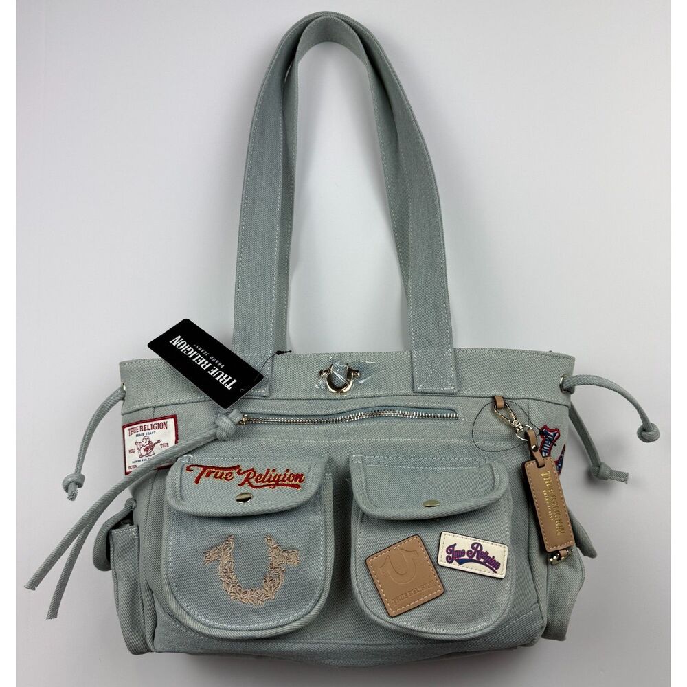 NWT True Religion Light Denim Tote Bag, Multipatch Gold Hardware, Multi-Pocket